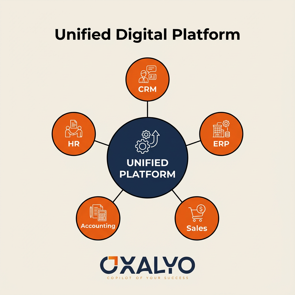 Diagramme visuel montrant une plateforme unifiée centrale connectée à tous les modules métier (CRM, ERP, e-commerce, comptabilité, inventaire, ventes). Métaphore des pièces de puzzle s'assemblant